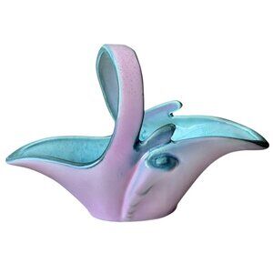 Hull Turquoise Pink Ceramic Basket With Handle Vintage Collectible #56 Gift MCM